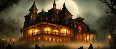Scary little haunted house in horror forest, spooky haunted house in old, vintage style for Halloween and other spooky occasions. Vector illustration.のイラスト素材