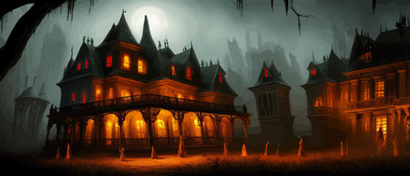 Scary little haunted house in horror forest, spooky haunted house in old, vintage style for Halloween and other spooky occasions. Vector illustration.のイラスト素材