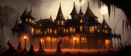 Scary little haunted house in horror forest, spooky haunted house in old, vintage style for Halloween and other spooky occasions. Vector illustration.のイラスト素材