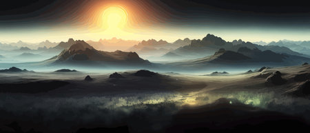 Futuristic fantasy landscape, sci fi landscape with planet neon light, cold planet. Galaxy unknown planet. Dark natural scene with light reflection water. neon space galaxy portal vector illustration.のイラスト素材