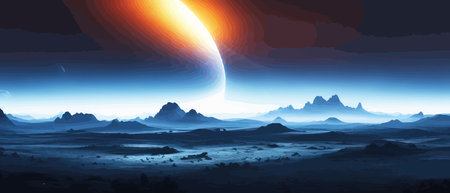 Futuristic fantasy landscape, sci fi landscape with planet neon light, cold planet. Galaxy unknown planet. Dark natural scene with light reflection water. neon space galaxy portal vector illustration.のイラスト素材