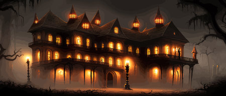 Scary little haunted house in horror forest, spooky haunted house in old, vintage style for Halloween and other spooky occasions. Vector illustration.のイラスト素材