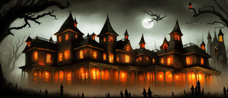 Scary little haunted house in horror forest, spooky haunted house in old, vintage style for Halloween and other spooky occasions. Vector illustration.のイラスト素材