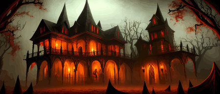 Scary little haunted house in horror forest, spooky haunted house in old, vintage style for Halloween and other spooky occasions. Vector illustration.のイラスト素材