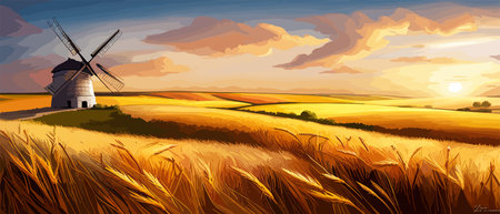 Country summer landscape with windmills, wheat field with grain, flat vector illustration. Rural area. Haybales. Farm Flat. Organic food concept for any design banner.のイラスト素材