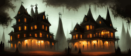 Scary little haunted house in horror forest, spooky haunted house in old, vintage style for Halloween and other spooky occasions. Vector illustration.のイラスト素材
