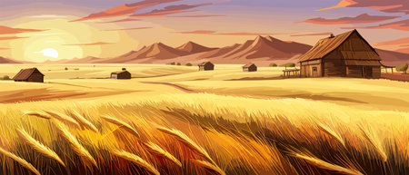 Wheat field sky with clouds. Countryside summer background gold colors grain nature. Health food poster. Barley vectorのイラスト素材