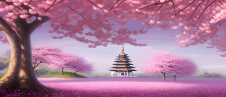 Cherry trees and lake under Mount Fuji, clear cloudy sky at dusk, super realistic and highly detailed Japanese pagoda, vector illustration.のイラスト素材