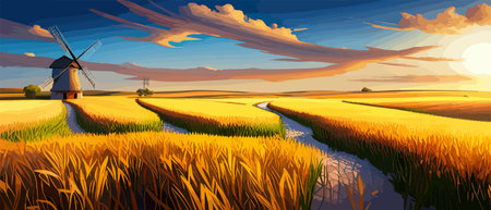 Country summer landscape with windmills, wheat field with grain, flat vector illustration. Rural area. Haybales. Farm Flat. Organic food concept for any design banner.のイラスト素材