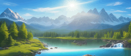 Picture of a mountain lake with a mountain range in the background and a lake in the foreground with a mountain range in the background. vector illustrationのイラスト素材
