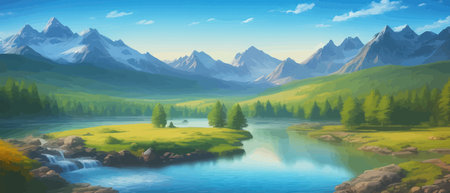 Picture of a mountain lake with a mountain range in the background and a lake in the foreground with a mountain range in the background. vector illustrationのイラスト素材