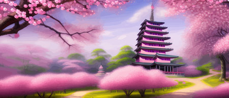 Cherry trees and lake under Mount Fuji, clear cloudy sky at dusk, super realistic and highly detailed Japanese pagoda, vector illustration.のイラスト素材