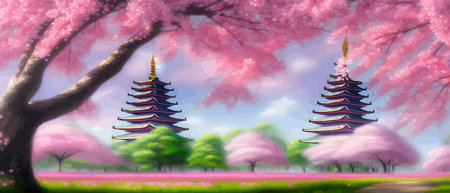 Cherry trees and lake under Mount Fuji, clear cloudy sky at dusk, super realistic and highly detailed Japanese pagoda, vector illustration.のイラスト素材