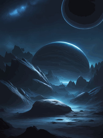 Futuristic fantasy landscape, sci fi landscape with planet, neon light, cold planet. Galaxy unknown planet Dark naturalのイラスト素材