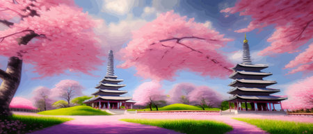 Cherry trees and lake under Mount Fuji, clear cloudy sky at dusk, super realistic and highly detailed Japanese pagoda, vector illustration.のイラスト素材