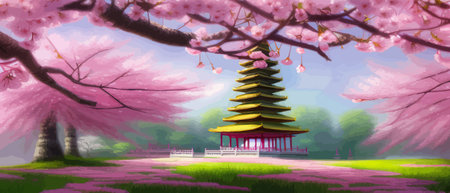 Cherry trees and lake under Mount Fuji, clear cloudy sky at dusk, super realistic and highly detailed Japanese pagoda, vector illustration.のイラスト素材