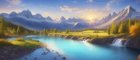 Picture of a mountain lake with a mountain range in the background and a lake in the foreground with a mountain range in the background. vector illustrationのイラスト素材