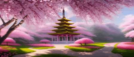 Cherry trees and lake under Mount Fuji, clear cloudy sky at dusk, super realistic and highly detailed Japanese pagoda, vector illustration.のイラスト素材