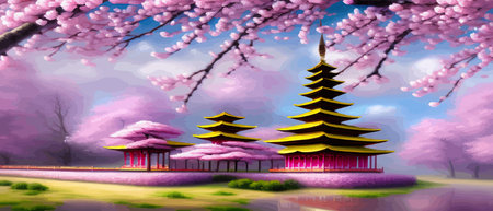 Cherry trees and lake under Mount Fuji, clear cloudy sky at dusk, super realistic and highly detailed Japanese pagoda, vector illustration.のイラスト素材