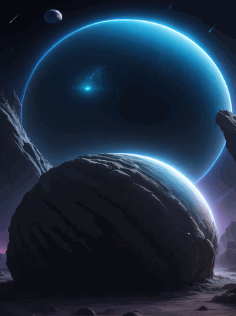 Futuristic fantasy landscape, sci fi landscape with planet, neon light, cold planet. Galaxy unknown...