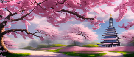 Cherry trees and lake under Mount Fuji, clear cloudy sky at dusk, super realistic and highly detailed Japanese pagoda, vector illustration.のイラスト素材