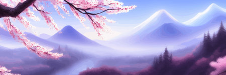 Japanese landscape with sakura trees against the backdrop of mountains and a volcano. beautiful fantasy landscape. vector banner illustration.のイラスト素材