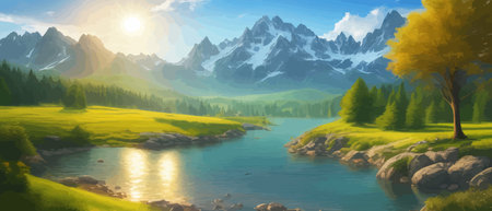 Picture of a mountain lake with a mountain range in the background and a lake in the foreground with a mountain range in the background. vector illustrationのイラスト素材