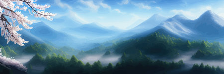 Japanese landscape with sakura trees against the backdrop of mountains and a volcano. beautiful fantasy landscape. vector banner illustration.のイラスト素材