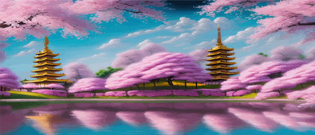 Cherry trees and lake under Mount Fuji, clear cloudy sky at dusk, super realistic and highly detailed Japanese pagoda, vector illustration.のイラスト素材
