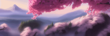 Japanese landscape with sakura trees against the backdrop of mountains and a volcano. beautiful fantasy landscape. vector banner illustration.のイラスト素材