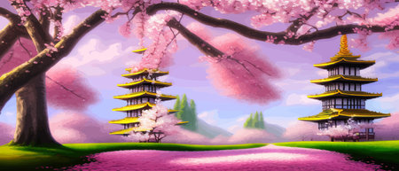Cherry trees and lake under Mount Fuji, clear cloudy sky at dusk, super realistic and highly detailed Japanese pagoda, vector illustration.のイラスト素材