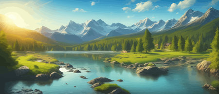Picture of a mountain lake with a mountain range in the background and a lake in the foreground with a mountain range in the background. vector illustrationのイラスト素材