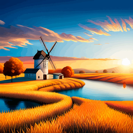 Rural summer landscape with windmill and wheat field. Vector illustration. Nature rural landscape with old dutchのイラスト素材