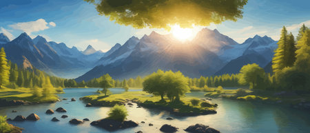 Picture of a mountain lake with a mountain range in the background and a lake in the foreground with a mountain range in the background. vector illustrationのイラスト素材