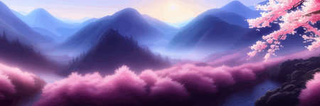Japanese landscape with sakura trees against the backdrop of mountains and a volcano. beautiful fantasy landscape. vector banner illustration.のイラスト素材