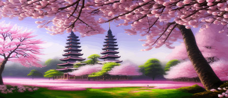 Cherry trees and lake under Mount Fuji, clear cloudy sky at dusk, super realistic and highly detailed Japanese pagoda, vector illustration.の素材
