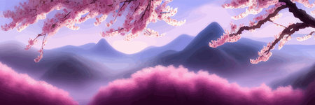 Japanese landscape with sakura trees against the backdrop of mountains and a volcano. beautiful fantasy landscape. vector banner illustration.のイラスト素材