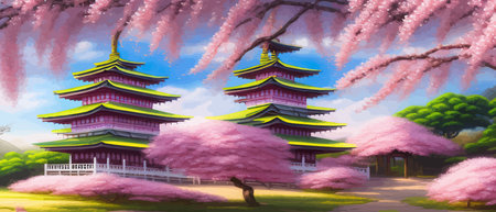 Cherry trees and lake under Mount Fuji, clear cloudy sky at dusk, super realistic and highly detailed Japanese pagoda, vector illustration.のイラスト素材