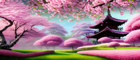 Cherry trees and lake under Mount Fuji, clear cloudy sky at dusk, super realistic and highly detailed Japanese pagoda, vector illustration.のイラスト素材