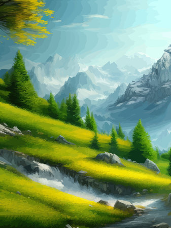 Colorful autumn landscape. Autumn season with red majestic mountains.のイラスト素材