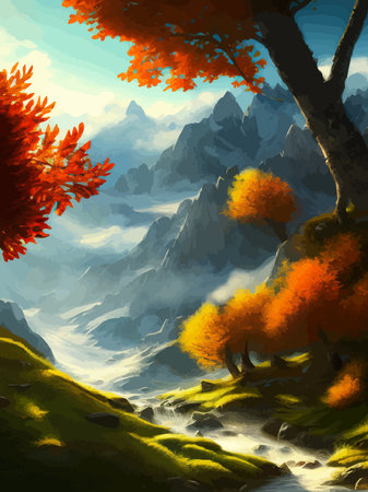 Colorful autumn landscape. Autumn season with red majestic mountains.のイラスト素材