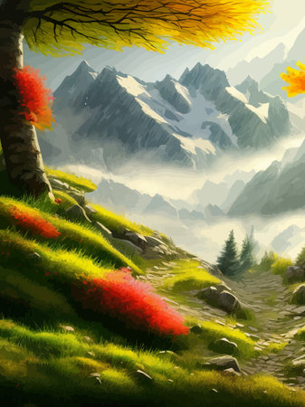 Colorful autumn landscape. Autumn season with red majestic mountains.のイラスト素材