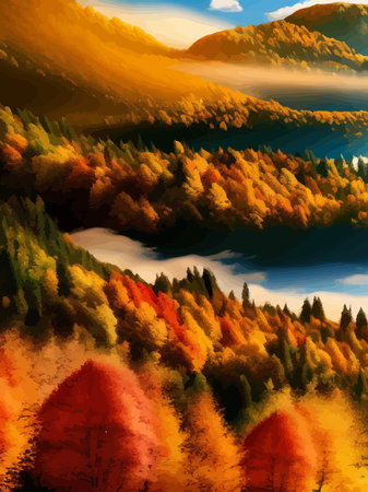 Vector illustration of countryside in autumn, autumn landscape mountains and maple trees fallen with yellow foliage. Forest in shades of orange and teal in the fall.のイラスト素材