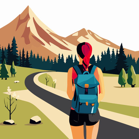 Adventure woman hiker enjoying hiking in mountains with nordic poles backpack flat vector illustration. Woman traveler travels with backpack.のイラスト素材