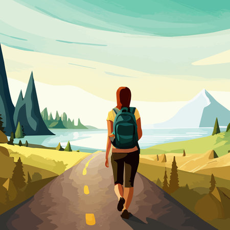 Adventure woman hiker enjoying hiking in mountains with nordic poles backpack flat vector illustration. Woman traveler travels with backpack.のイラスト素材