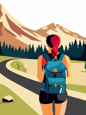 Beautiful design with a sense of travel. A young woman with a backpack inspects the surroundings. Vector verticalのイラスト素材