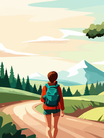 Beautiful design with a sense of travel. A young woman with a backpack inspects the surroundings. Vector verticalのイラスト素材