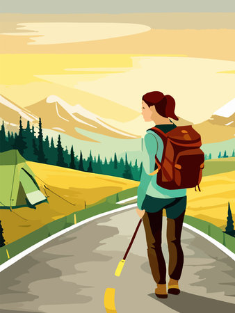 Beautiful design with a sense of travel. A young woman with a backpack inspects the surroundings. Vector verticalのイラスト素材
