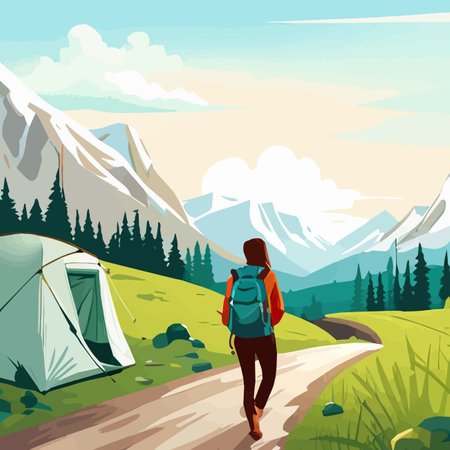 Adventure woman hiker enjoying hiking in mountains with nordic poles backpack flat vector illustration. Woman traveler travels with backpack.のイラスト素材