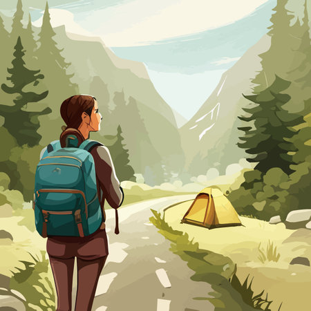 Adventure woman hiker enjoying hiking in mountains with nordic poles backpack flat vector illustration. Woman traveler travels with backpack.のイラスト素材